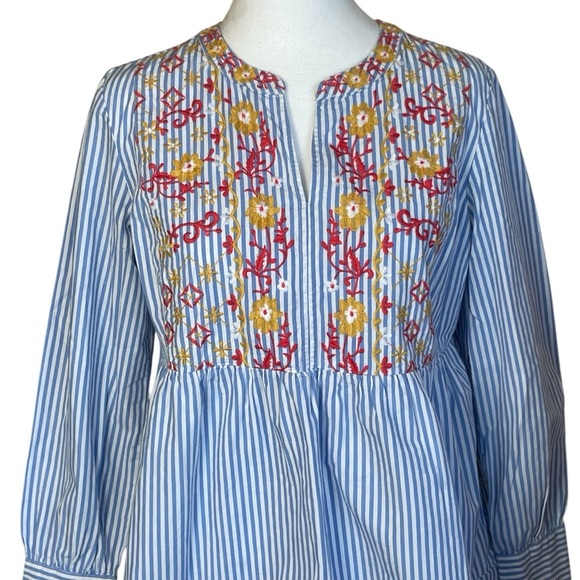 Crown & Ivy Blue White Stripe Embroidered Peplum Top Petite Medium Boho Peasant - Picture 2 of 11